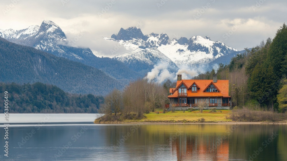 Fototapeta premium Rustic house by a lake, snowy mountains in the background