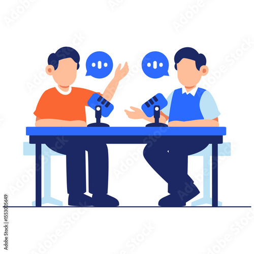 Lively podcast session with two hosts using microphones and speech bubbles in a modern discussion setting