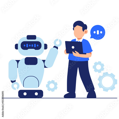 Cheerful robotic assistant helping a person with a digital task in a modern collaborative environment