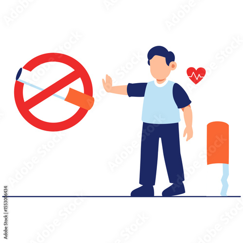 A young boy refusing cigarettes with a heartbeat icon to promote healthy living and smoke free lifestyle awareness