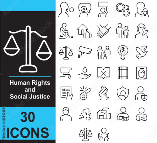30 Outline Vector Icons – Human Rights Emergency and Social Justice