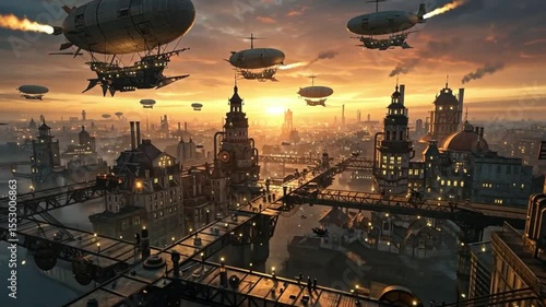 Steampunk metropolis bathed in golden sunset light