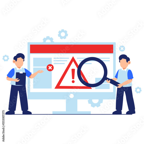 Two Professionals Analyzing a Warning Message Displayed on a Computer Screen with Gears