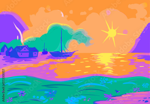 Vibrant Sunset Coastal Village Painting, Sailboat at Sea
