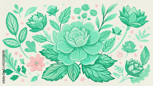 Mint green flower and leaf sets emerge in pastel chalk style. A delicate spring watercolor crayon texture highlights the hand drawn garden design — ideal for cute child-friendly nature elements.