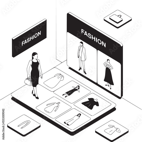 Isometric illustration of a woman shopping for fashion online with various clothing options displayed
