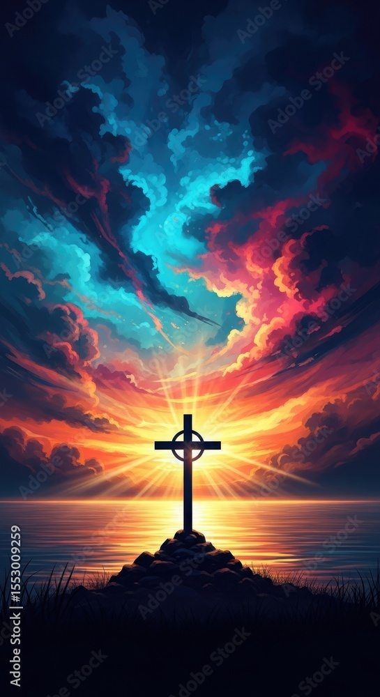 Celtic Cross Sunset Seascape Vibrant Sky Orange Blue Colors Celtic Cross Sunset Seascape Vibrant Sky Orange Blue Colors