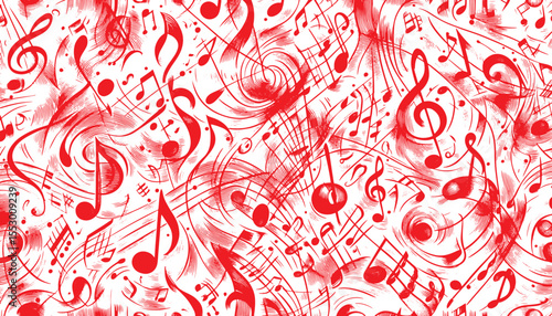 A seamless pattern of artistic musical notes arranged in a dynamic and flowing composition, suitable for artistic decorations, music-themed designs, and creative backgrounds.