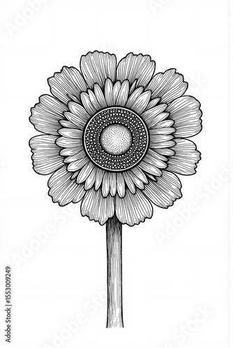 Flower with a black outline and white background. The flower is drawn in a very detailed and stylized way