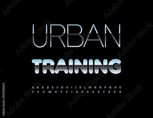 Vector Silver logo Urban Training. Reflective Steel Font. Glossy Metallic Alphabet Letters and Numbers set