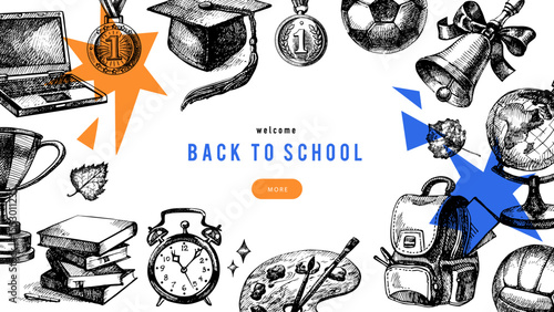 Back to school sketch background. School poster template with hand drawn accessories. Diploma design. Vector illustration