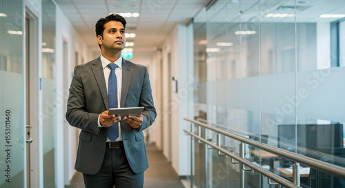 Busy Indian business man project manager looking away holding digital tablet walking in office. Professional businessman entrepreneur going in hallway holding tab working using tab computer