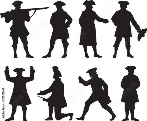 Silhouette collection of revolutionary war soldiers in various poses depicting military actions historical figures and colonial era uniforms