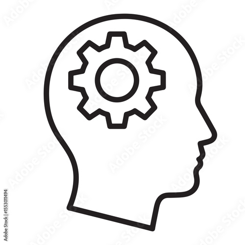 Flat black vector icon of human head and brain silhouette with gear inside, symbolizing critical thinking, problem solving, and outline design PNG