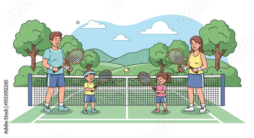 Adobe illustrator artwork vector illustration of a family playing tennis together on a court outdoors, enjoying a sunny day. Emphasizes active family time and sportsmanship.