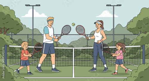 Adobe illustrator artwork vector illustration of a family playing tennis together on a court outdoors, enjoying a sunny day. Emphasizes active family time and sportsmanship.