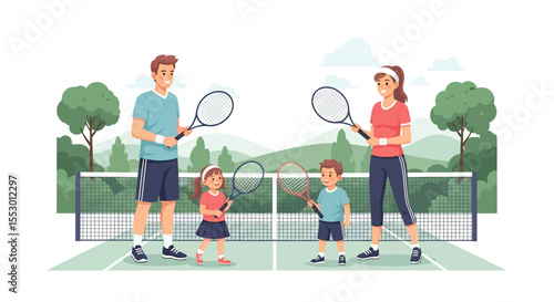Adobe illustrator artwork vector illustration of a family playing tennis together on a court outdoors, enjoying a sunny day. Emphasizes active family time and sportsmanship.