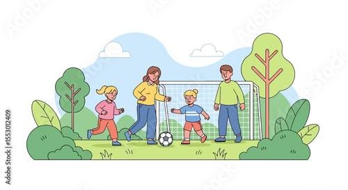 Adobe illustrator artwork vector illustration of a family playing soccer outdoors in a park, with a father, mother, and two children enjoying the game together. Perfect for active lifestyle and sports