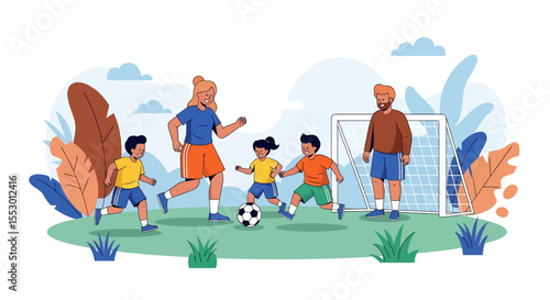 Adobe illustrator artwork vector illustration of a family playing soccer outdoors in a park, with a father, mother, and two children enjoying the game together. Perfect for active lifestyle and sports