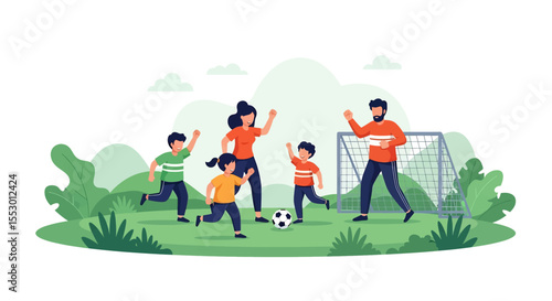 Adobe illustrator artwork vector illustration of a family playing soccer outdoors in a park, with a father, mother, and two children enjoying the game together. Perfect for active lifestyle and sports