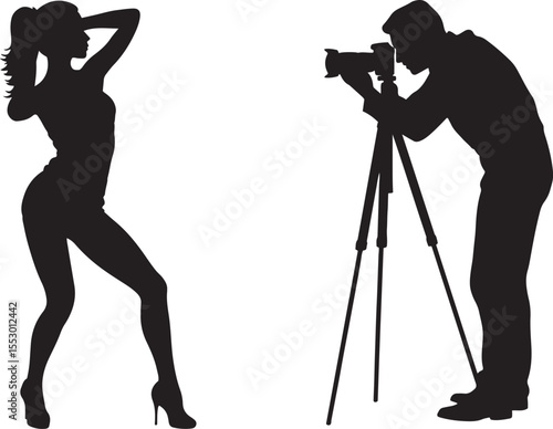 Silhouette illustration of photographer capturing a stylish pose of a female model in a studio setting using professional equipment.