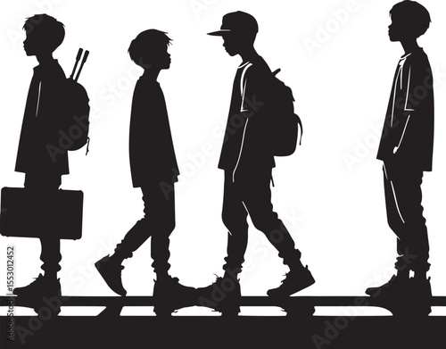 Silhouette illustration of four teenagers walking in different directions depicting youthful movement and style with emphasis on black and white contrast