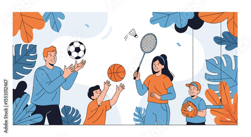 Adobe illustrator artwork vector illustration of a family enjoying various sports in a park, including soccer, basketball, badminton, and baseball. Depicts active family fun and outdoor activities.