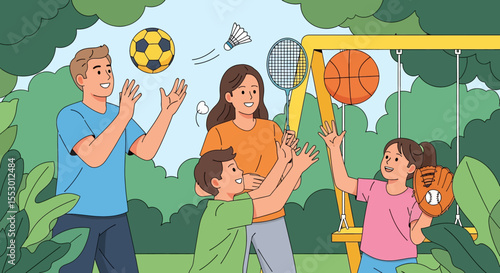 Adobe illustrator artwork vector illustration of a family enjoying various sports in a park, including soccer, basketball, badminton, and baseball. Depicts active family fun and outdoor activities.