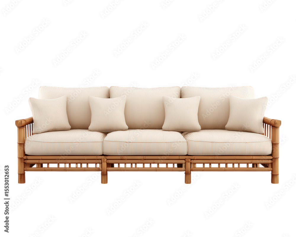 Bamboo sofa with white pillows, comfortable seating, natural material, modern style, living room furniture, cozy and inviting, isolated on transparency background Bamboo sofa with white pillows, comfortable seating, natural material, modern style, living room furniture, cozy and inviting, isolated on transparency background