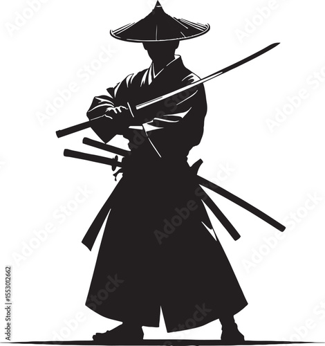 Silhouette of a japanese samurai warrior with swords wearing a traditional conical hat and robe against white background