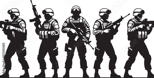Silhouette of five soldiers in formation holding weapons representing military strength and defense operations.