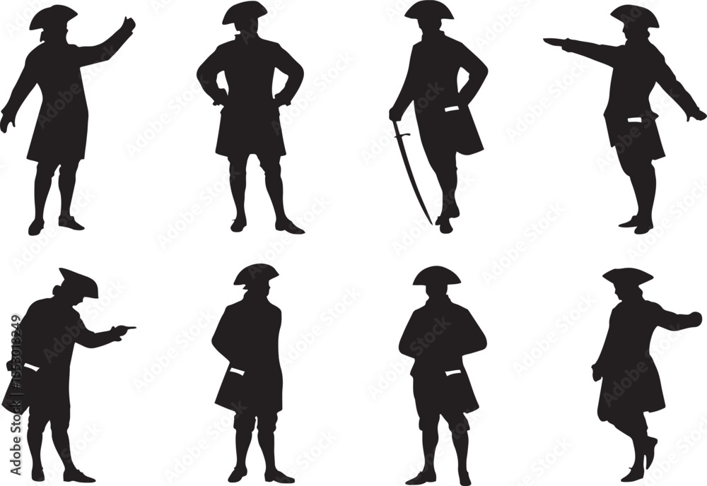 Obraz premium Silhouettes of colonial era gentlemen in various poses representing historical figures and dramatic actions against a plain white backdrop