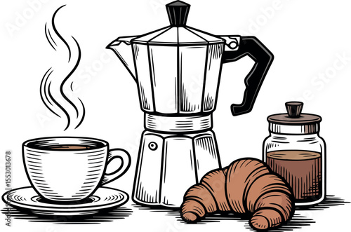  charming sketch captures a classic European breakfast scene. A steaming cup of coffee sits beside a moka pot, a fresh croissant, and a jar of sugar.
