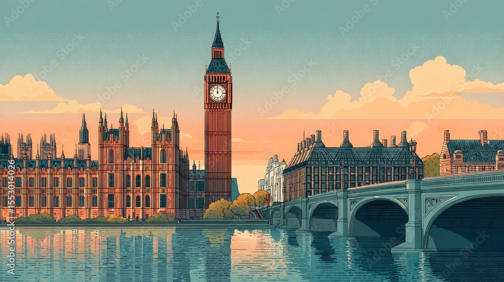 Naklejka premium Depiction of the Palace of Westminster, Elizabeth Tower, and Westminster Bridge in an illustrated style.