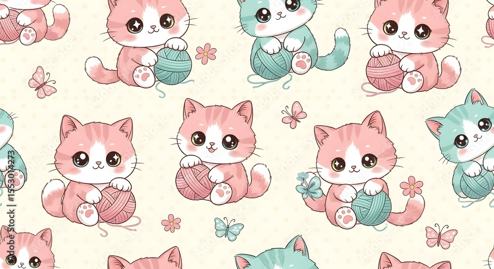 Fototapeta premium Adorable Kittens Playing with Yarn Seamless Pattern