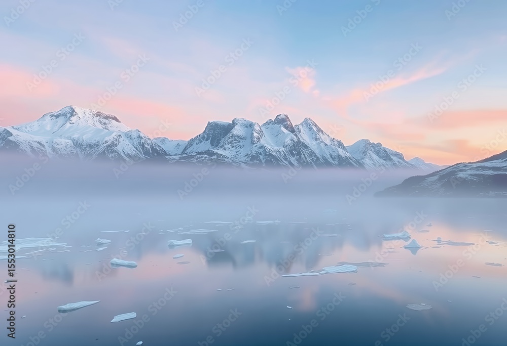 Fototapeta premium Serene Mountainscape Reflection: A stunningly tranquil vista unfolds as snow-capped peaks are mirrored in a calm body of water, with wisps of fog creating an ethereal atmosphere under a pastel sky.