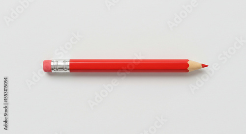 Classic red pencil with silver eraser holder, lying flat on white.