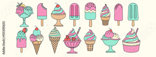 A vector set of different ice cream treats. Popsicle, cone with scoops, layered pop, twist pop, soft serve. Ice cream illustrations.