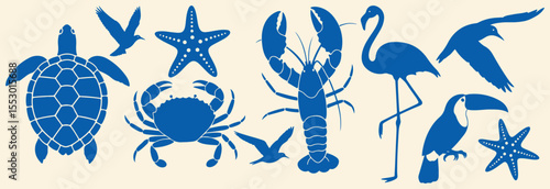 Tropical marine animal silhouette set in bold blue. Includes crab, turtle, flamingo, toucan, lobster, starfish, and birds. Perfect for beach, summer, and ocean-themed designs.