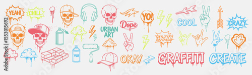 Hand Drawn Urban Graffiti Vector Elements Set with Skulls, Spray Cans, Arrows, and Street Style Icons in Colorful Doodle Style for Stickers and T-Shirt Prints


