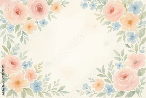 Vintage floral background with romantic pink roses, elegant frame, and decorative hearts for a wedding or Valentine's Day card design