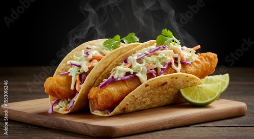 Steaming Hot Fish Tacos with Creamy Coleslaw and Lime