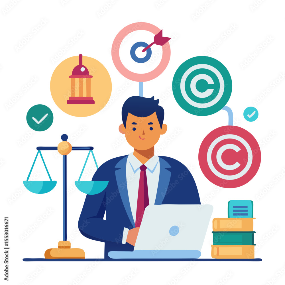 Copyright patent and intellectual property concept Regulations enforcement law and justice policy Lawyer working with copyright technology symbol on virtual screen modern flat design simple vector Copyright patent and intellectual property concept Regulations enforcement law and justice policy Lawyer working with copyright technology symbol on virtual screen modern flat design simple vector