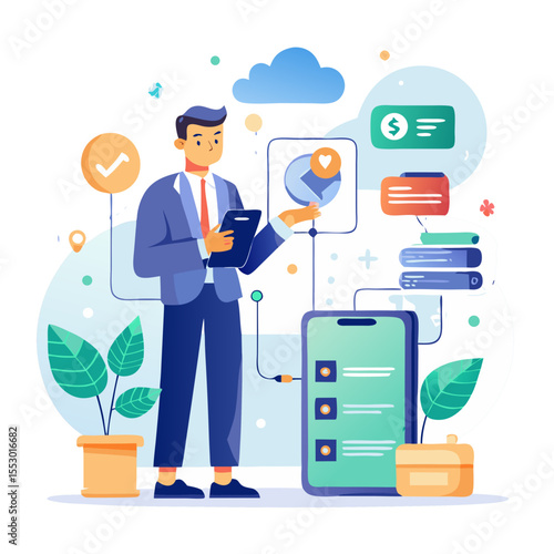 Backup concept Online digital data storage and connection service Businessman using smartphone with backup status bar for data backup management modern flat design simple vector illustration isolated