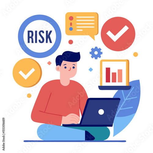 Risk management concept Risk assessment Person using laptop to business and personal planning for risk mitigation with information and decision modern flat design simple vector illustration isolated