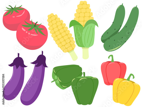 夏野菜イラストセット　トマト　とうもろこし　きゅうり　なす　ピーマン　パプリカ　ベクターイラスト