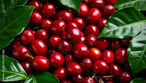 Fresh red coffee cherries surrounded by vibrant green leaves create rich and inviting scene, showcasing nature bounty