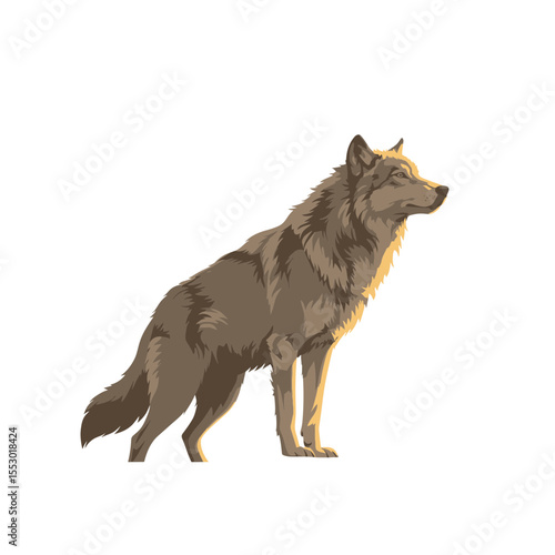 A majestic wolf standing tall, bathed in sunlight. The wolf has thick fur, a strong build, and a dignified posture
