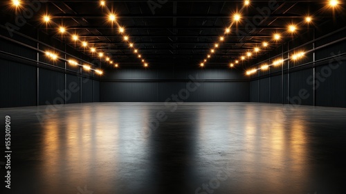 Fototapeta Naklejka Na Ścianę i Meble -  A wide, empty industrial space illuminated by bright overhead lights, perfect for showcasing concepts of minimalism, architecture, or creative transformation.