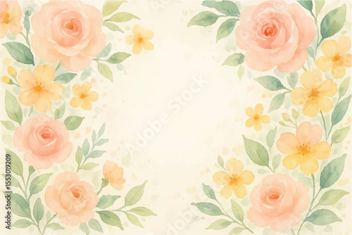 Vintage floral background with romantic pink roses, elegant frame, and decorative hearts for a wedding or Valentine's Day card design